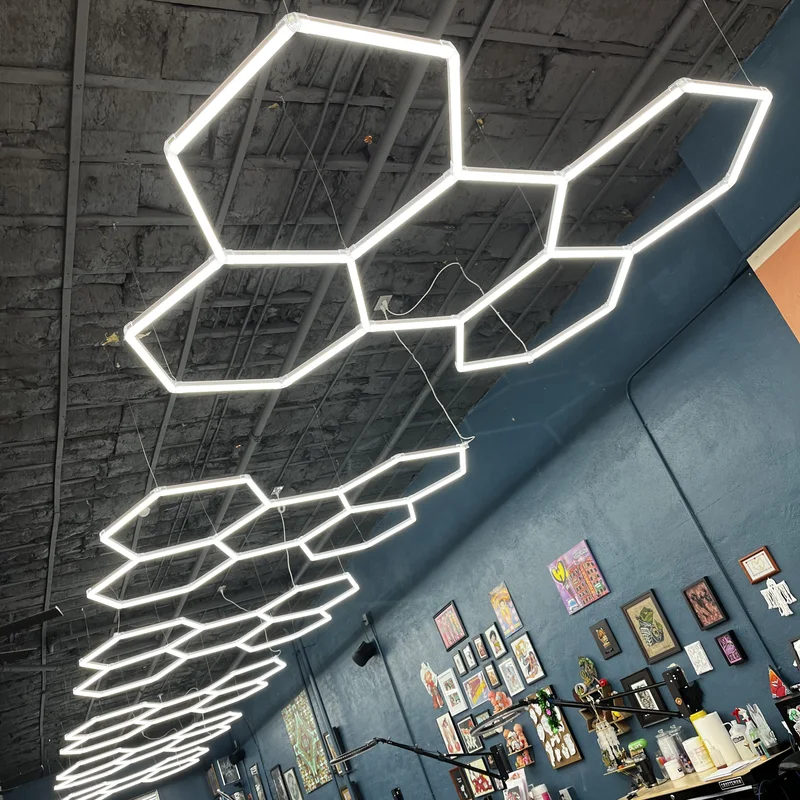 Custom hexagonal LED lighting Lighthouse Electric installed for a commercial client